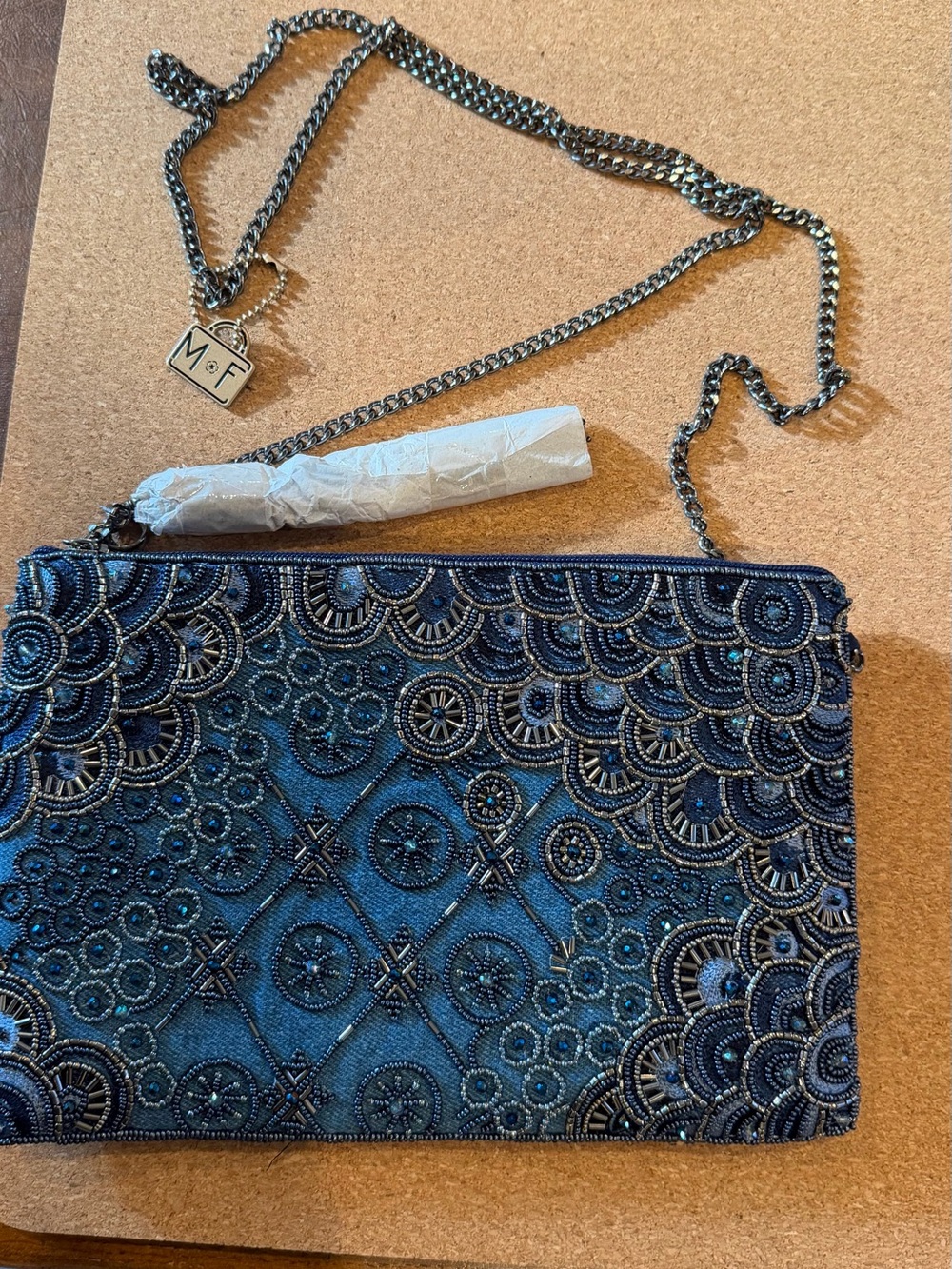 Mary Frances “Work It” Denim Beaded Crossbody Clutch with Gunmetal Chain